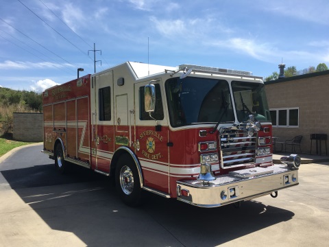 A front angled view of Sevierville's newest fire engine #12.